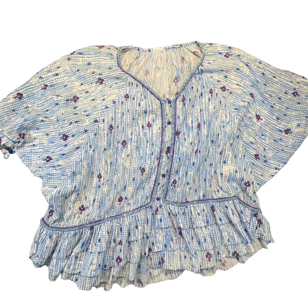 Poupette St Barth Blue Floral Cotton Ruffle Blouse Top Boho Resort Wear